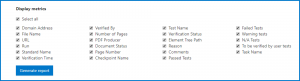 Screenshot of the Display Metrics for the File Compliance Report and the Generate Report button.