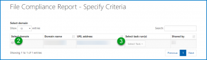 The File Compliance Report criteria screen with the Domain and Task Run options highlighted as described in steps 2 and 3.