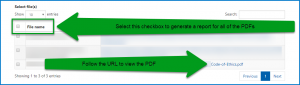 The Select Files screen to choose PDFs for the File Compliance Report. The checkbox to choose all PDFs is highlighted as is a URL to follow to view the document itself. 