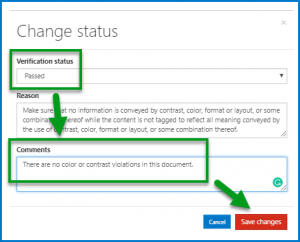 The Change Status dialog box showing the changed status, a comment added, and the Save Changes button is highlighted