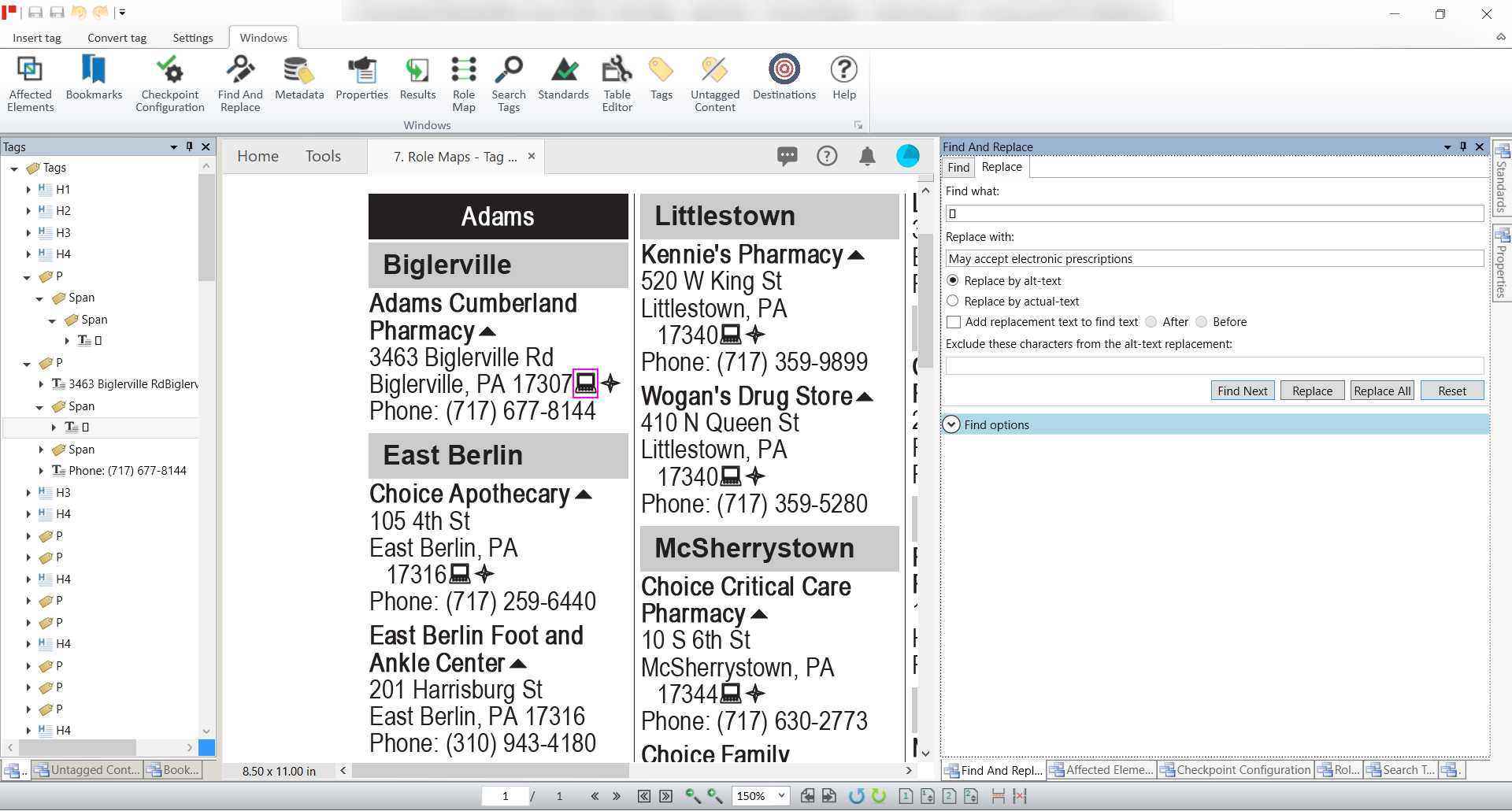 Screenshot of a pharmacy directory on the left with the Find and Replace panel open on the right, searching for a symbol and replacing the symbol with "May accept electronic prescriptions"