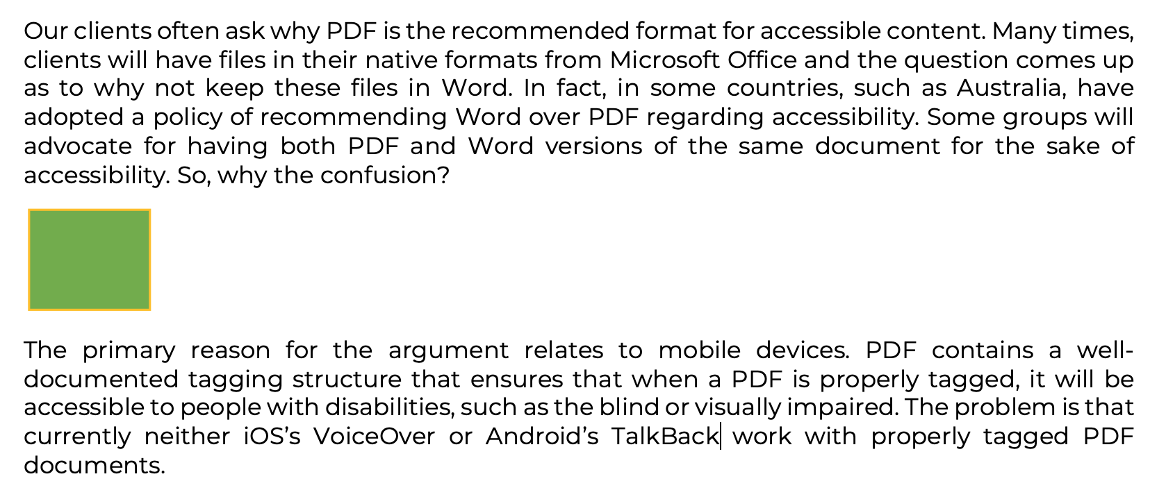 Two paragraphs of text are divided by a green square between them, without any text to the left or right of the box.