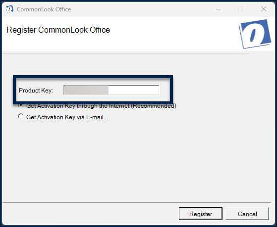 The Product Key field is highlighted in the Register CommonLook Office dialog box.