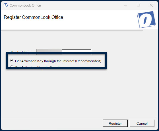 The Radio button to get the activation key through the Internet is highlighted.