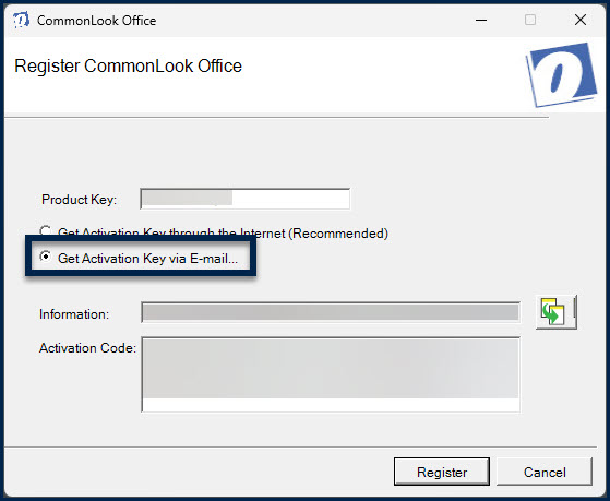 The Radio button to get the activation key by email is highlighted.