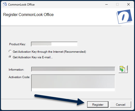 In the Register CommonLook Office dialog box, after entering the Product Key and choosing the activation method, the "Register" button is highlighted.