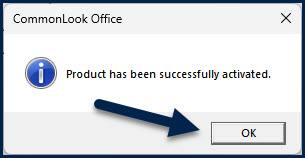 The dialog box indicating that the product has been successfully activated. The OK button is highlighted.