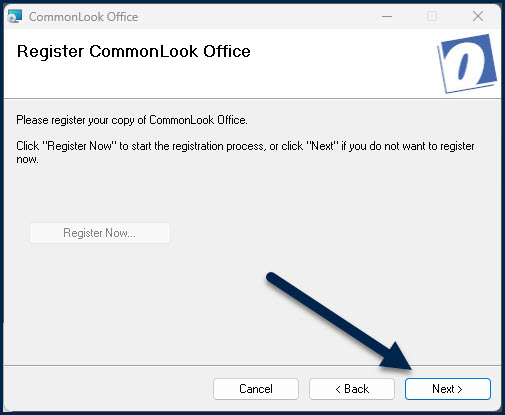 The Next button is highlighted in the Register CommonLook Office dialog box.