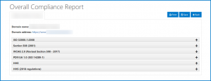 Screenshot of the Overall Compliance Report screen, listing the standards that were chosen when generating the report (in the previous step).