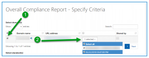 Screenshot showing the Domain and particular task run selected in the Overall Compliance Report - Specify Criteria screen.