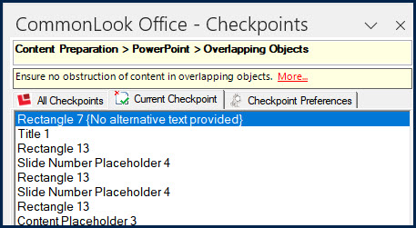 Screenshot of the CommonLook Office panel (in PowerPoint) showing the list of overlapping objects on the PowerPoint slides.