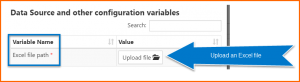 The Data Source and other configuration variables menu with the option for Excel file path and the Upload file button highlighted.