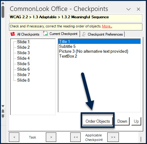 The Order Objects button is highlighted in the CommonLook Office panel.