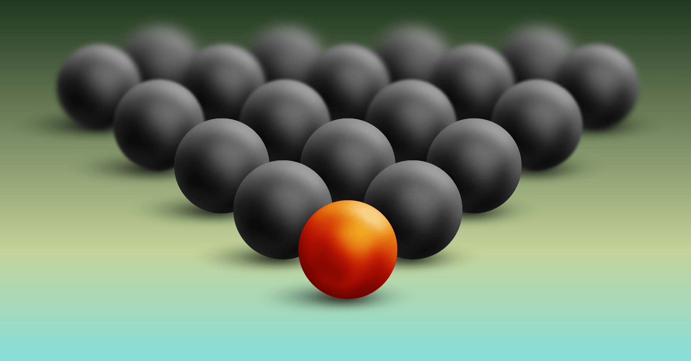 Gray balls are lined up in a triangle like pool balls. The ball at the tip of the triangle is different and tinted in a reddish-orange.