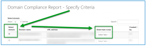 The Specify Criteria screen for creating a Domain Compliance Report. Choosing the Domain and the Task are highlighted. 