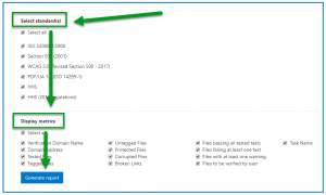 Choosing the standards and metrics in the Specify Criteria screen for the Domain Compliance Report. The Generate Report button is also highlighted. 