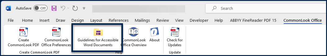 Screenshot of the ribbon in CommonLook Office with the button for "Guidelines for Accessible Word Documents" highlighted.