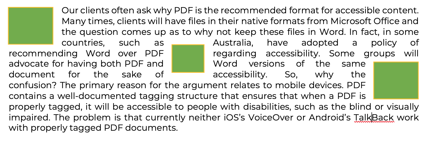 Three green boxes sit within a paragraph of text. One is at the top left with wrapping on the right and bottom; another is in the center with text wrapping all around it, and finally, a square with text wrapping on the top, left and bottom.