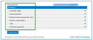 The standards to select from, when generating a report, are highlighted.