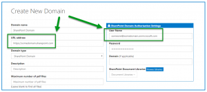 The Create Domain screen with the option to create a SharePoint Domain selected. The URL and User Name are highlighted. 