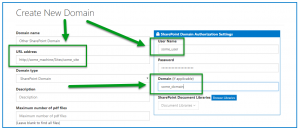 The Create Domain screen for an "Other" SharePoint Domain. The URL, User Name, and Domain fields are highlighted. 