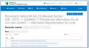 Screenshot of the second report that's generated from following a link for the number of documents failing a particular checkpoint in the Overall Compliance Report. This particular report lists the documents that failed for Link tags that don't have Alternative text. 