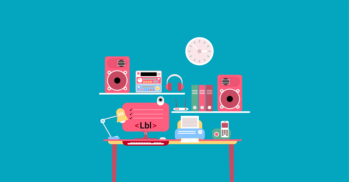 A red and turquoise illustration of a modern office including a monitor showing a list and the label tag <Lbl>.