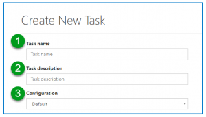 The Create New Task screen with the Name, Description, and Configuration fields numbered according to this list. 