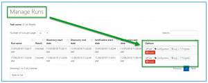 The Manage Runs screen with the Options column highlighted to show the choices as described in the previous list items. 