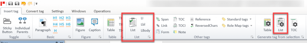 Screenshot of toolbar in CommonLook PDF showing how to generate a list from a selection.
