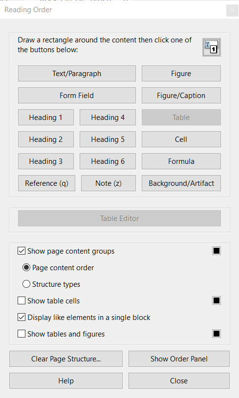 Screenshot of Adobe Acrobat showing the Reading Order Tool