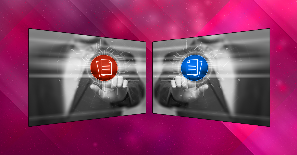 Two nearly identical computer monitor images facing each other. The image shows a man's finger selecting document button on a holographic screen. One has the document in blue, the other in orange-red.